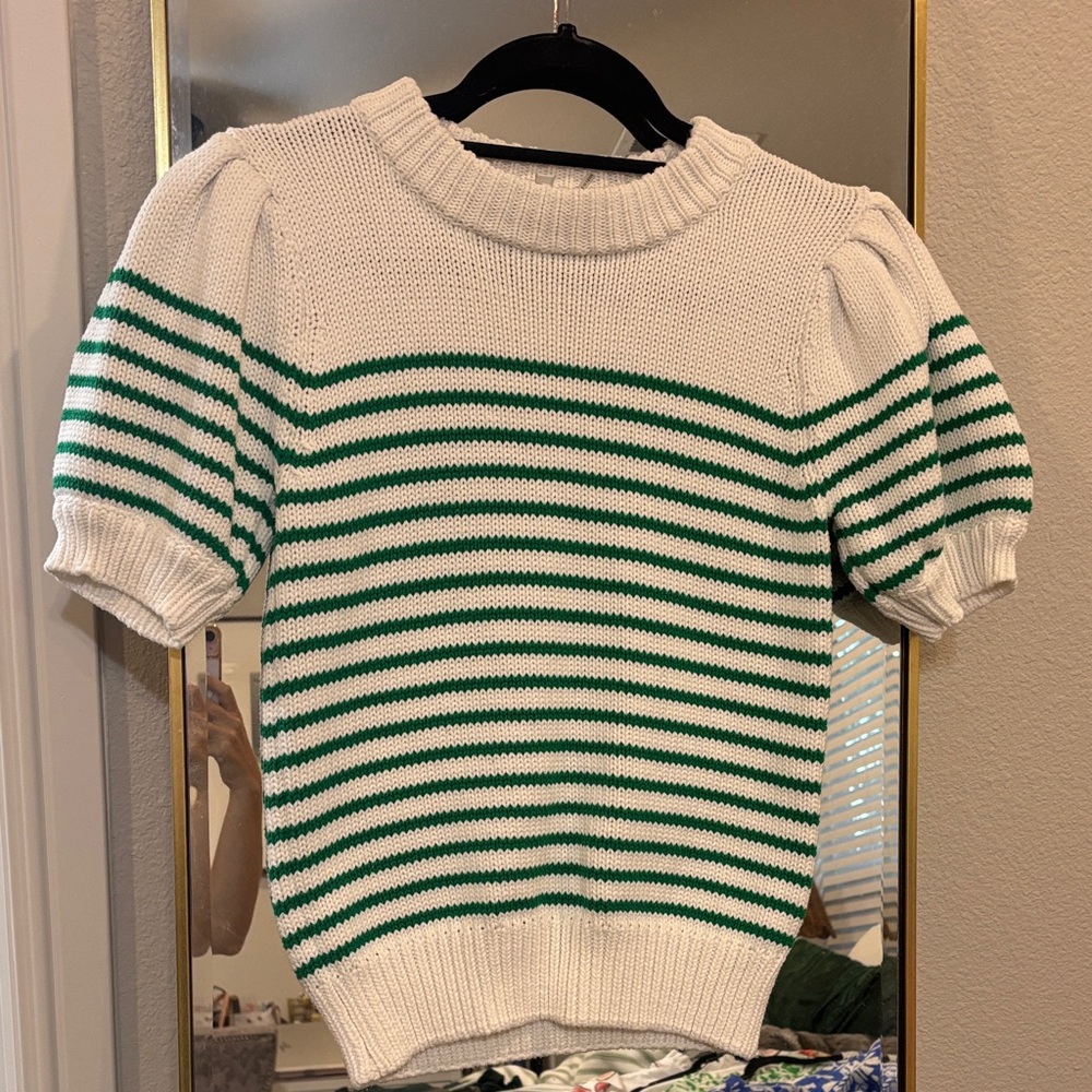 English Factory White Sweater with Green Stripes and Puff Sleeves